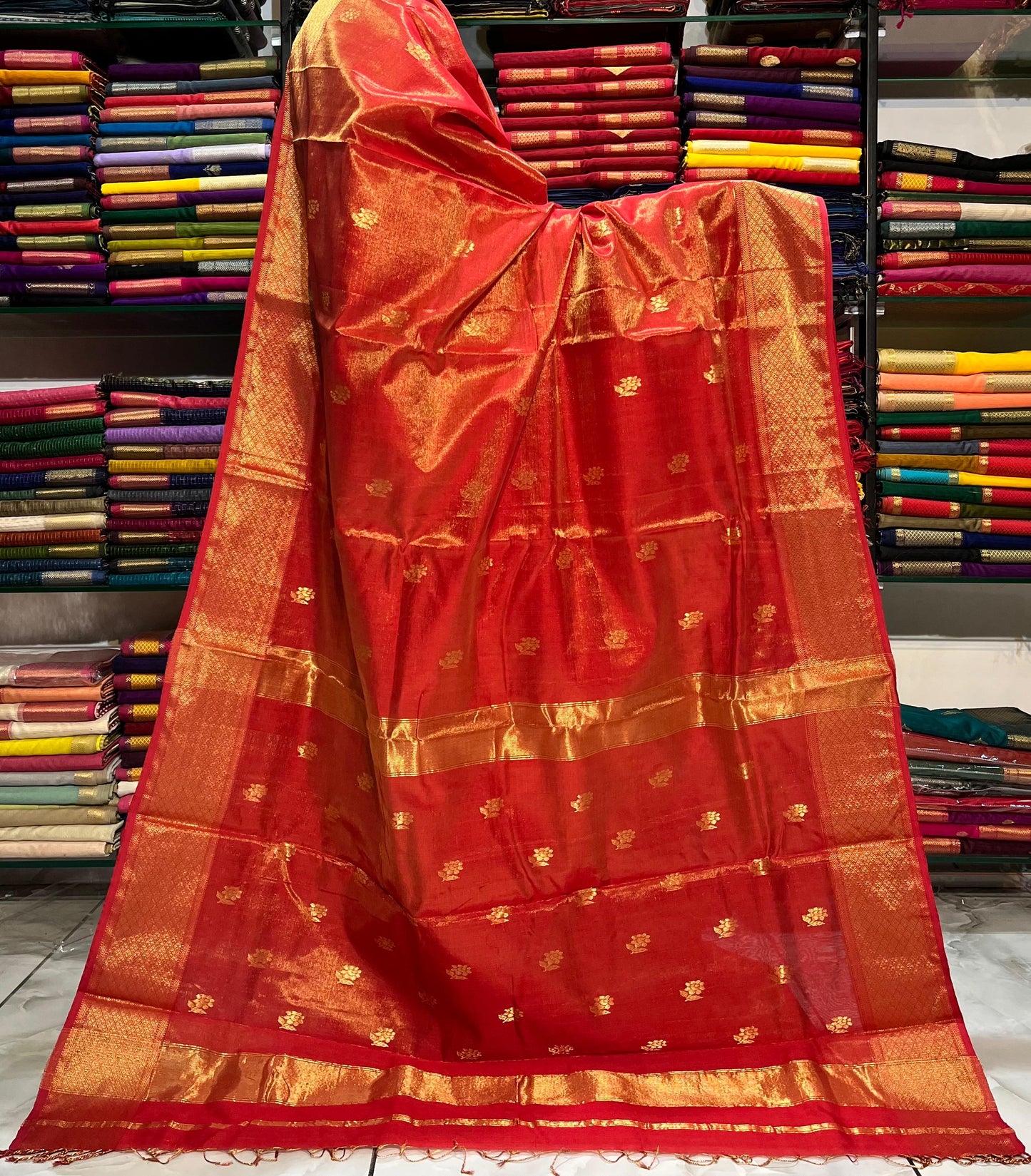 MAHESHWARI HANDWOVEN TISSUE ROSE RED COLOUR SAREE