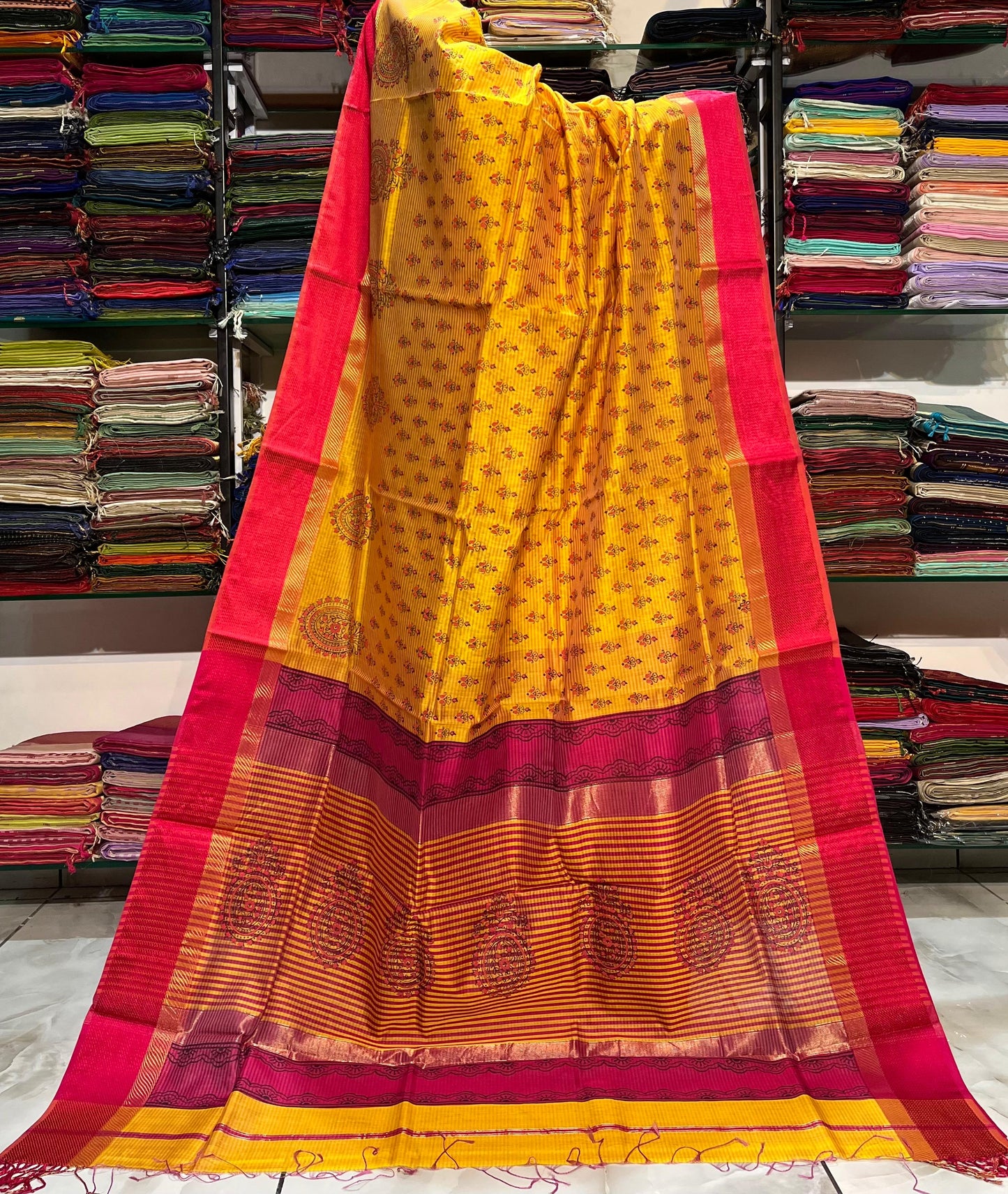 MAHESHWARI HANDWOVEN YELLOW HANDBLOCKED PRINT SAREE