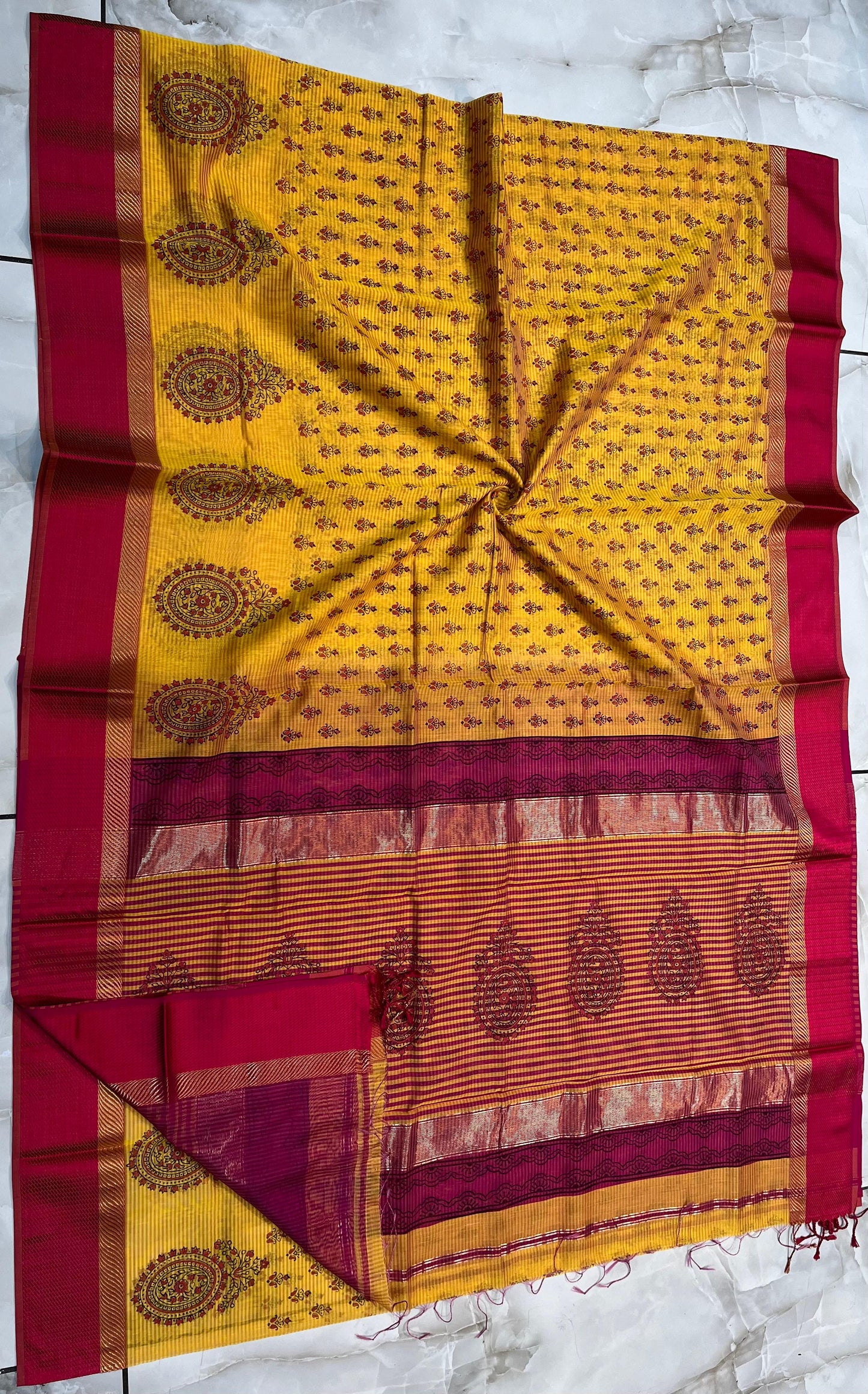 MAHESHWARI HANDWOVEN YELLOW HANDBLOCKED PRINT SAREE