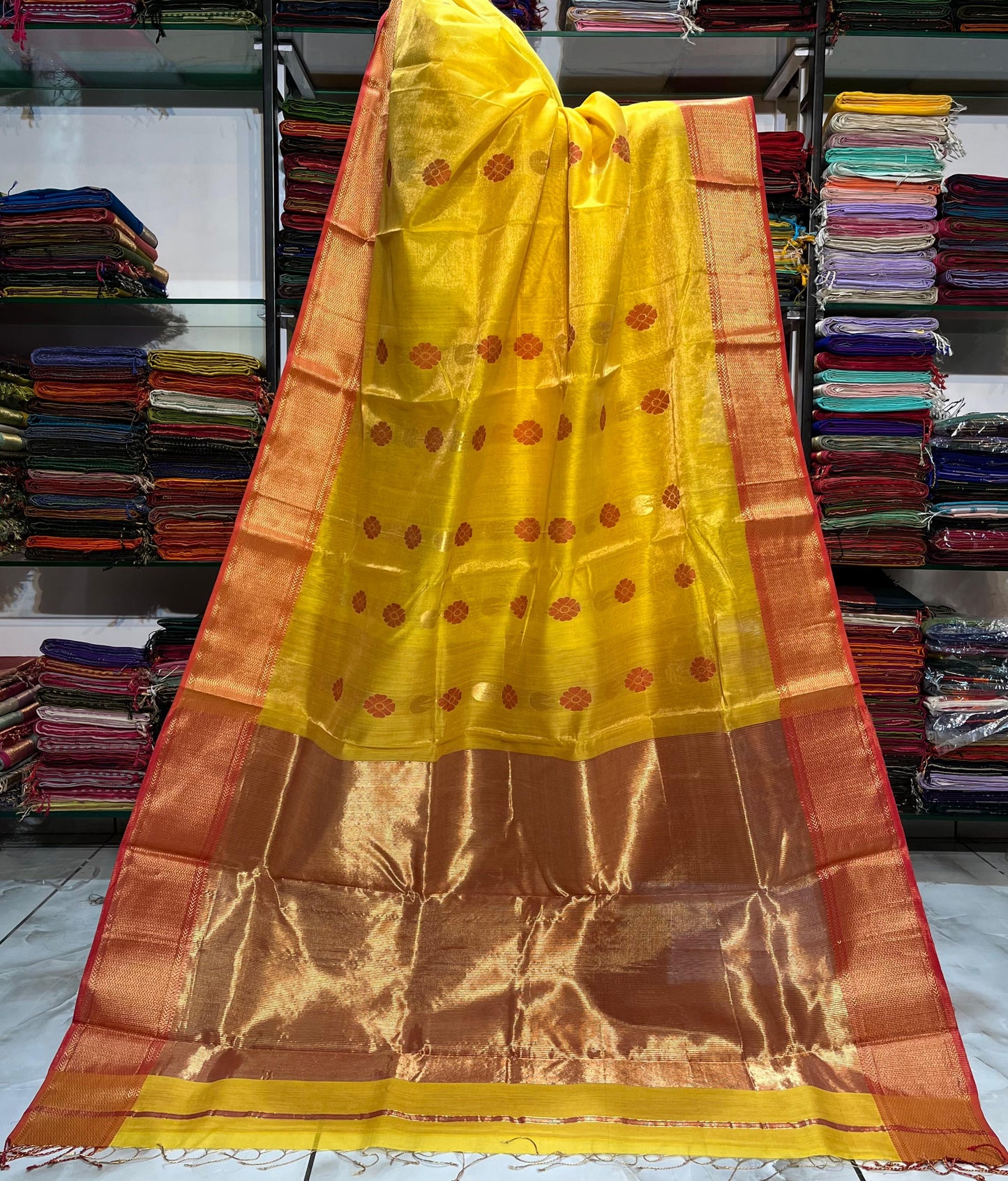 MAHESHWARI HANDWOVEN TISSUE FLOWER BUTA ALL OVER YELLOW SAREE
