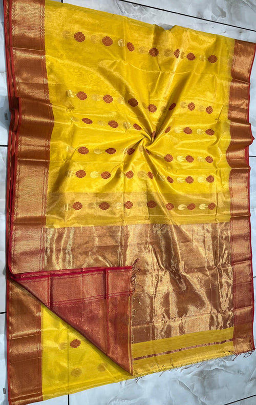 MAHESHWARI HANDWOVEN TISSUE FLOWER BUTA ALL OVER YELLOW SAREE