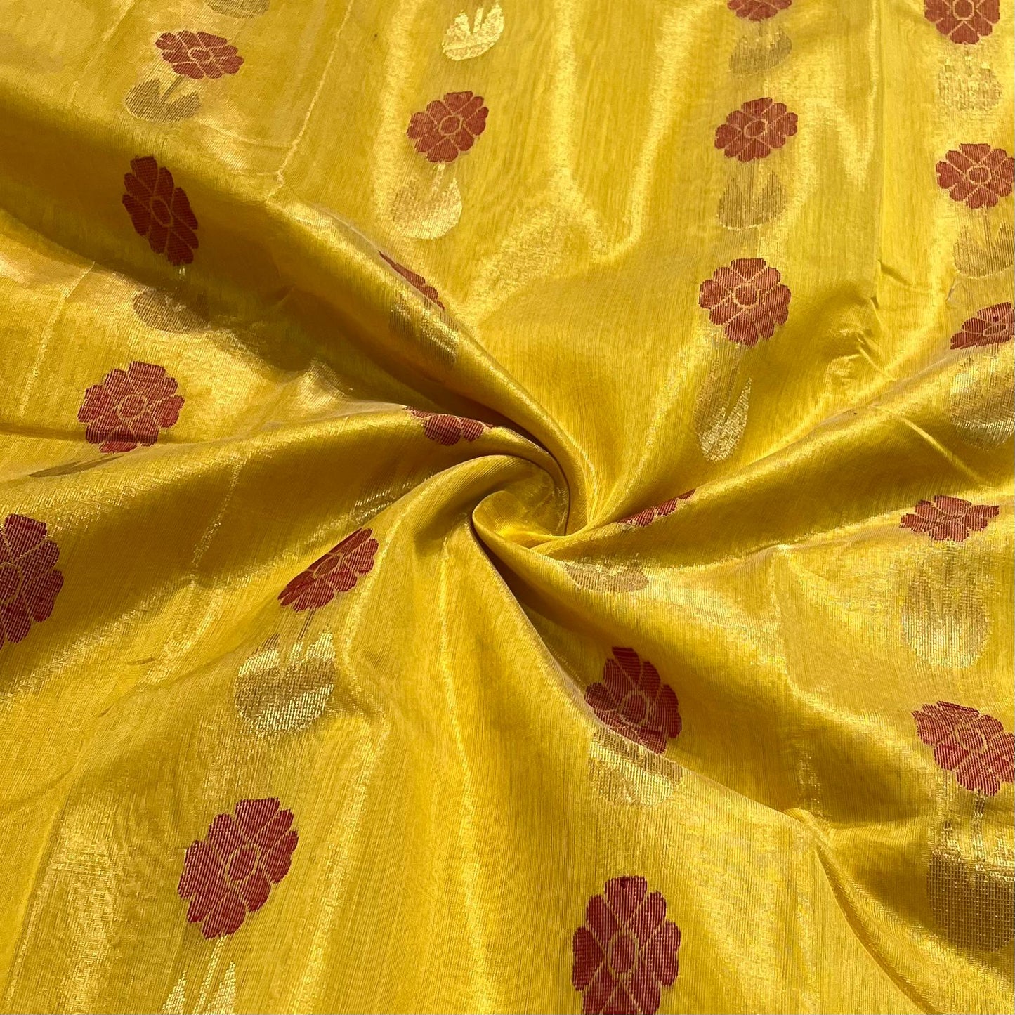 MAHESHWARI HANDWOVEN TISSUE FLOWER BUTA ALL OVER YELLOW SAREE