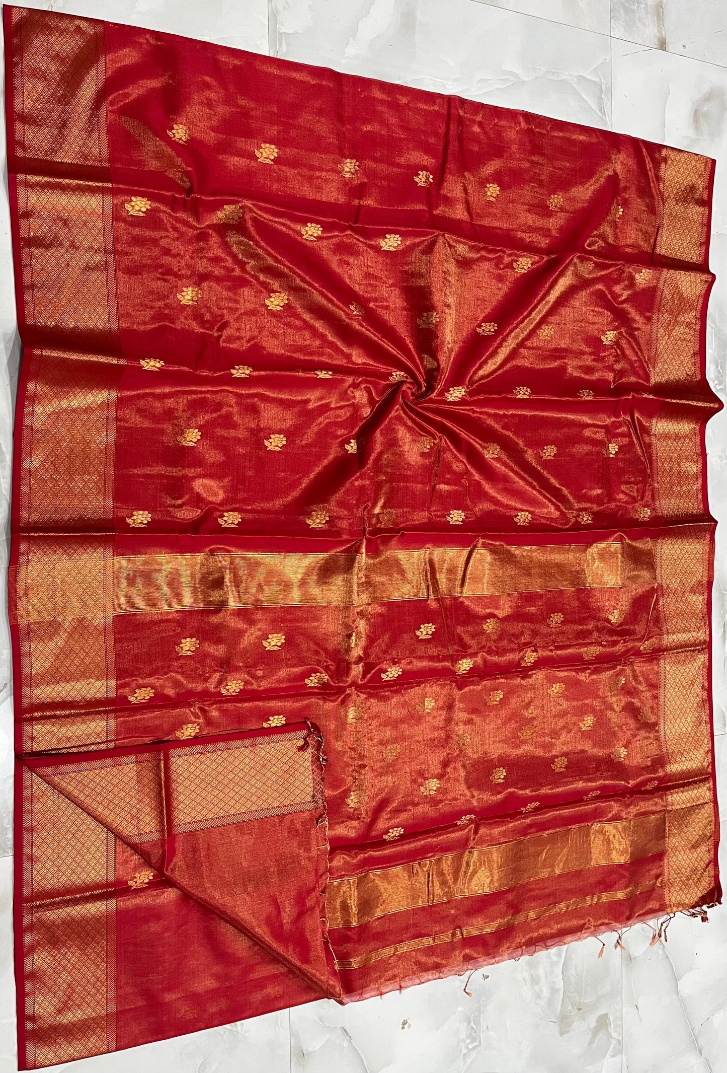 MAHESHWARI HANDWOVEN TISSUE ROSE RED COLOUR SAREE