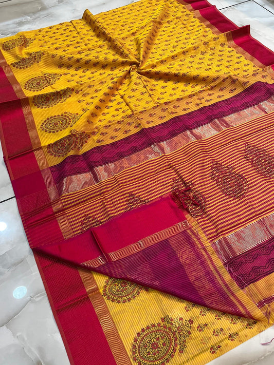 MAHESHWARI HANDWOVEN YELLOW HANDBLOCKED PRINT SAREE