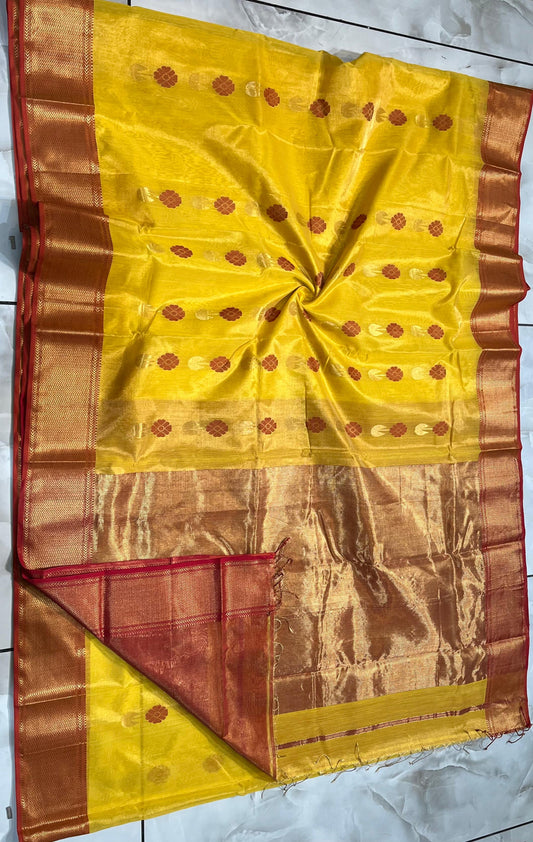 MAHESHWARI HANDWOVEN TISSUE FLOWER BUTA ALL OVER YELLOW SAREE