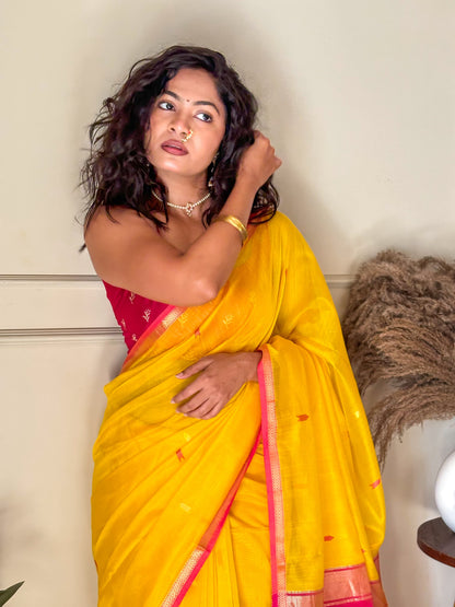 MAHESHWARI HANDWOVEN BUTI YELLOW SAREE