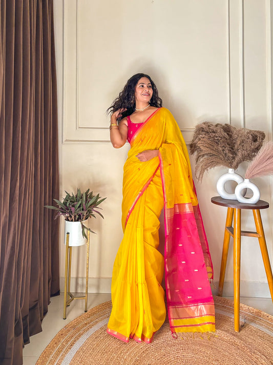 MAHESHWARI HANDWOVEN BUTI YELLOW SAREE
