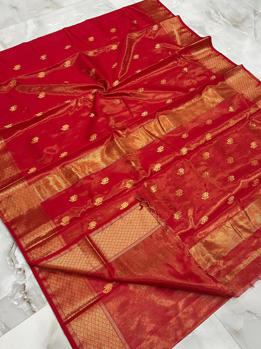 MAHESHWARI HANDWOVEN TISSUE ROSE RED COLOUR SAREE