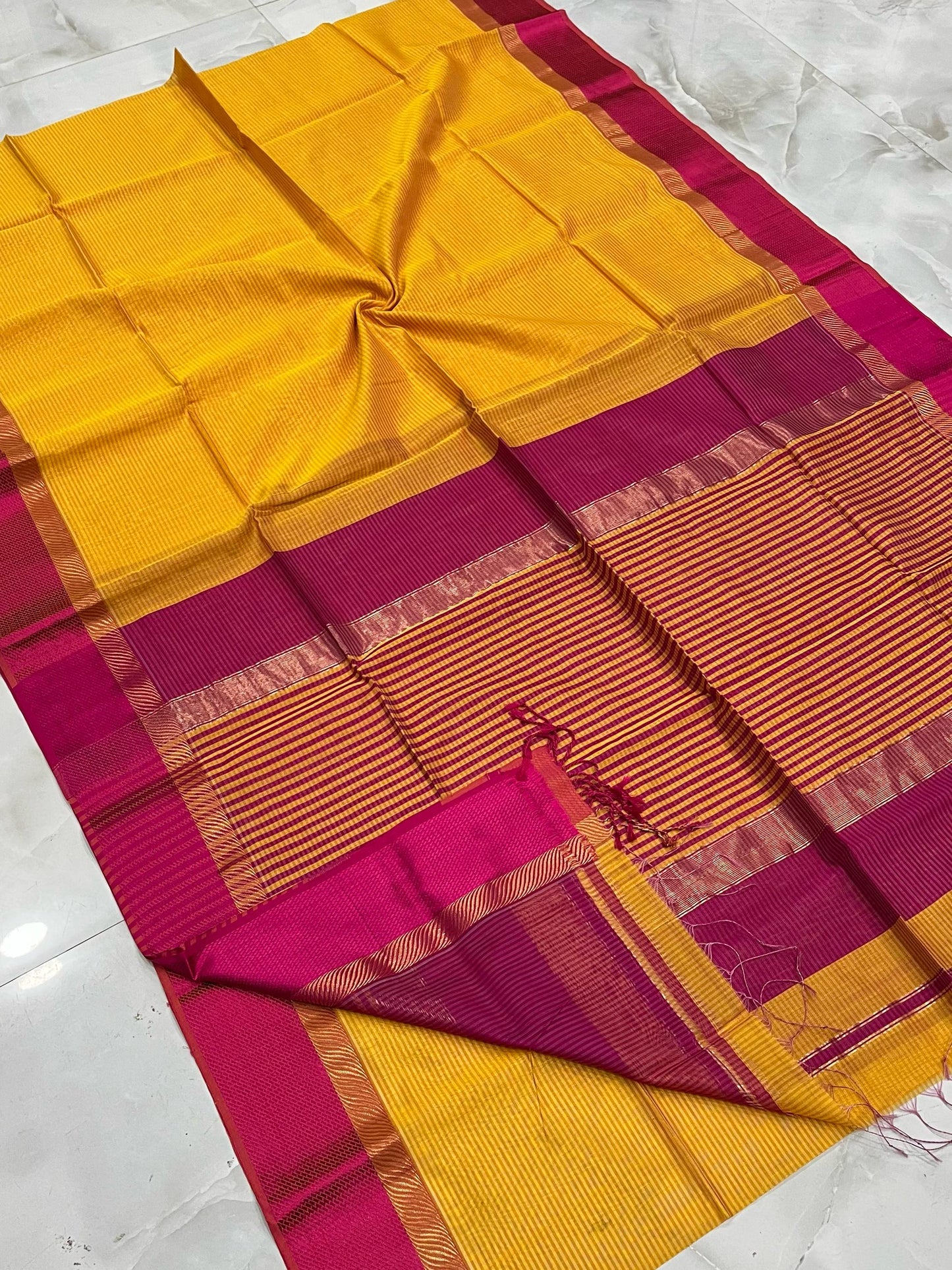 Maheshwari Handwoven SIRIN RASTA YELLOW SAREE