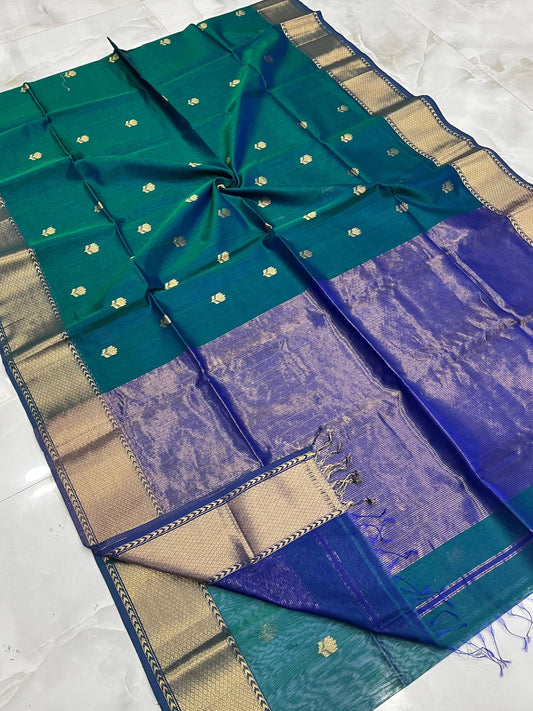 MAHESHWARI HANDWOVEN DUAL TONE GREEN ALL OVER LOTUS SAREE