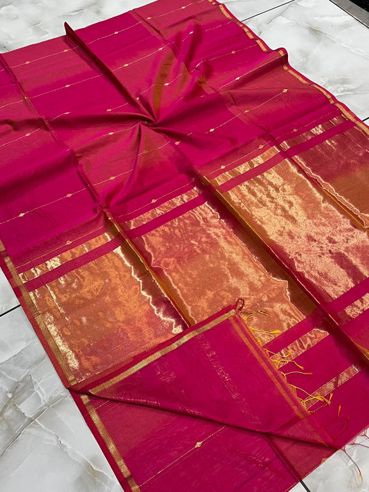 MAHESHWARI HANDWOVEN SMALL BORDER ZARI LINE BUTI RANI SAREE