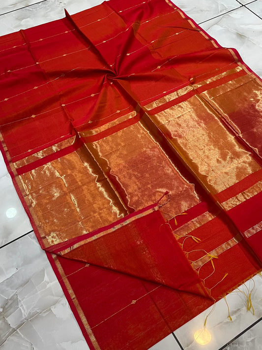 MAHESHWARI HANDWOVEN SMALL BORDER ZARI LINE BUTI RED SAREE