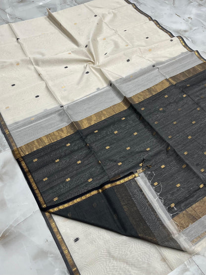 MAHESHWARI HANDWOVEN STAR BUTI WHITE BLACK SAREE