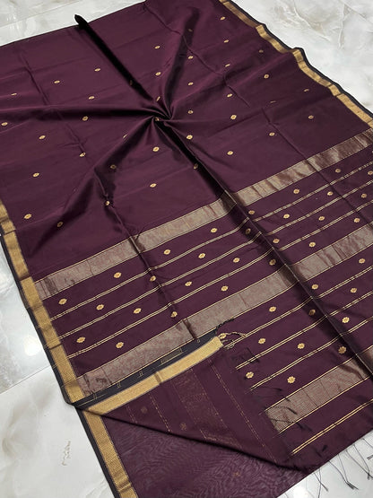 Maheshwari Handwoven Rewa Border Buti Wine Color Saree