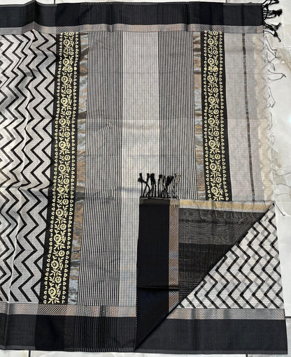 MAHESHWARI HANDWOVEN WHITE HANDBLOCK PRINT SAREE