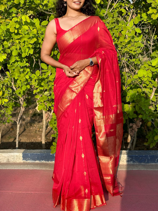 Maheshwari Handwoven Big Border Zari Line Red Saree