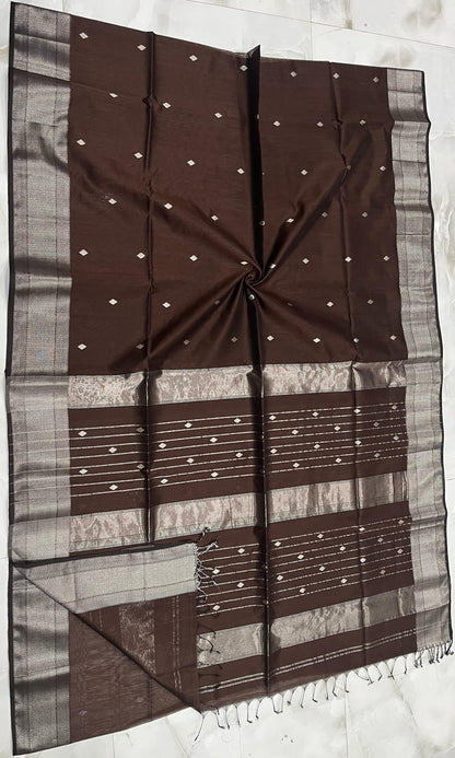Presenting the Maheshwari Handwoven Silver Buti Saree in Brown Colour
