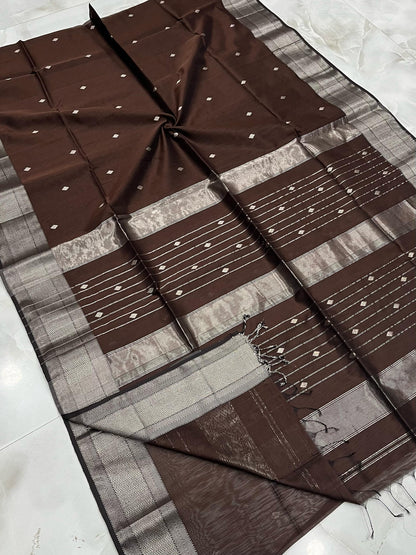 Presenting the Maheshwari Handwoven Silver Buti Saree in Brown Colour
